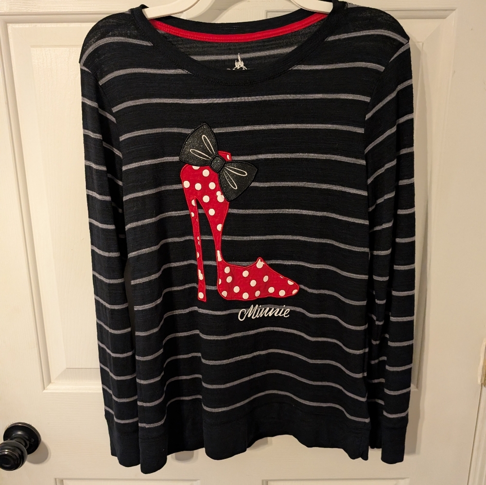 Disney Parks Minnie Mouse High Heel Black White Striped Lightweight Sweater Med.